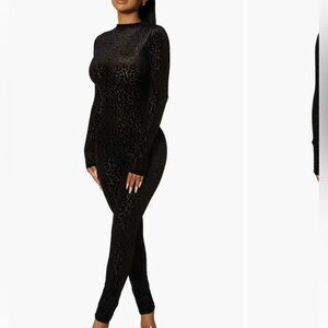 Naked Wardrobe Long Sleeve Catsuit Jumpsuit cheetah leopard velvet nose to toes